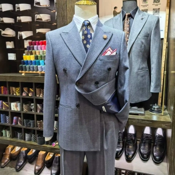 Custom Made Textured Slate Blue Suit - Bespoke Double-Breasted 2-Piece Peak Lapel Men's Suit