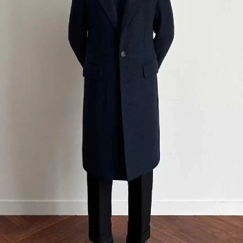 Custom Made Navy Blue Wool Overcoat - Bespoke Single-Breasted Minimalist Winter Coat for Men