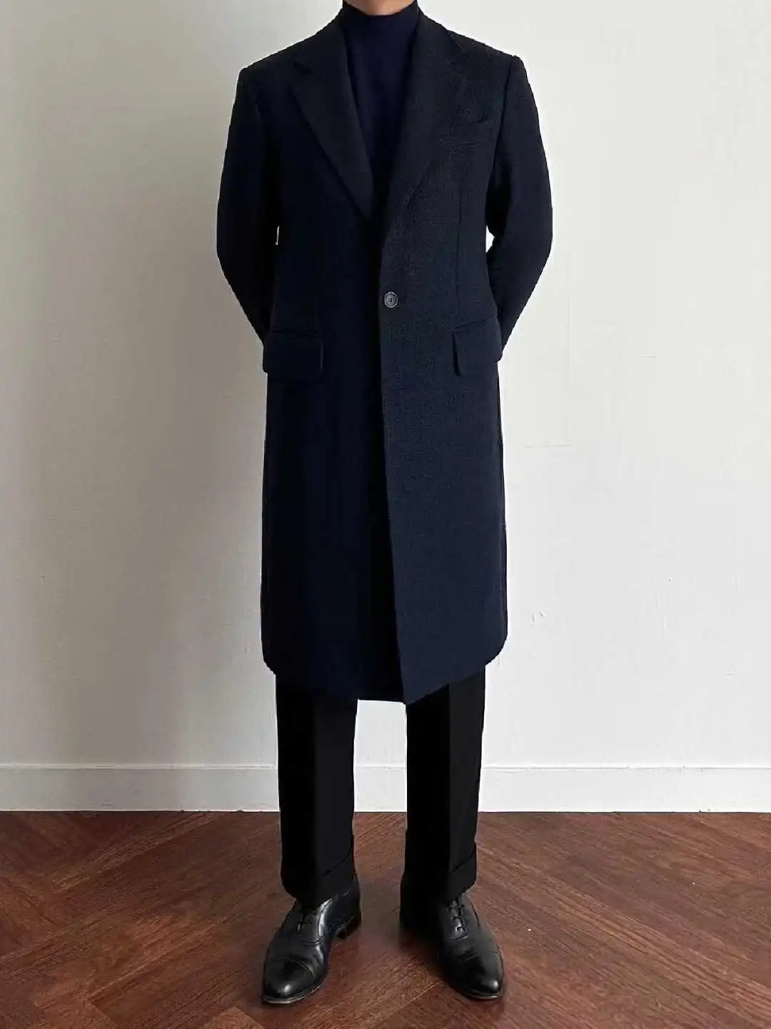 Custom Made Navy Blue Wool Overcoat - Bespoke Single-Breasted Minimalist Winter Coat for Men
