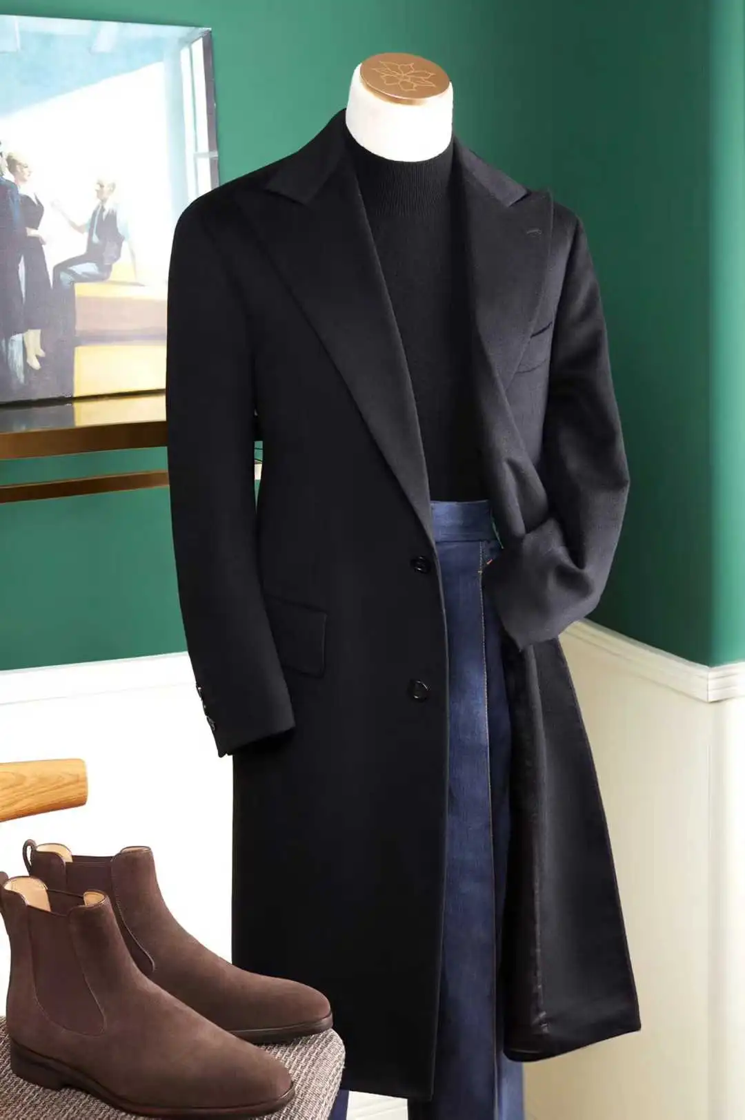 Custom Made Navy Blue Wool Overcoat - Bespoke Single-Breasted Minimalist Winter Coat for Men - Image 2
